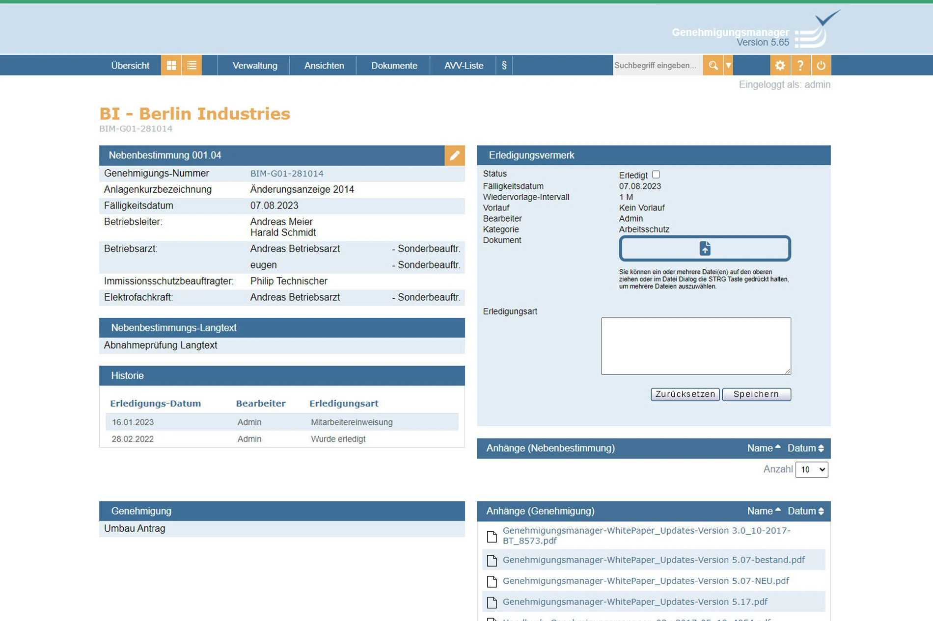 Erledigte Nebenbestimmung mit Erledigungshistorie und zugewiesenen Dokumenten